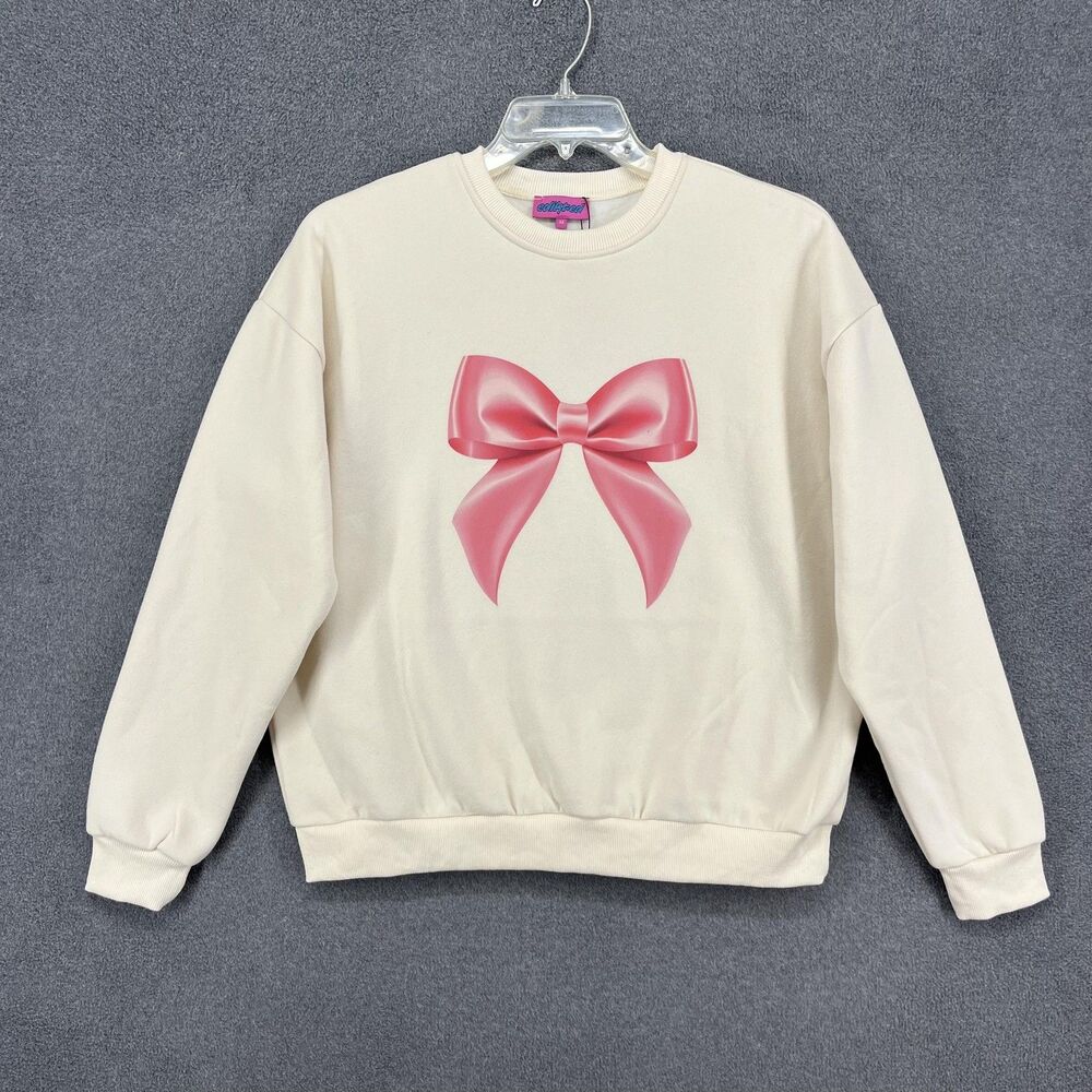 Edikted Sweatshirt Womens XS Cream Crewneck Pink Bow Graphic Pullover Fleece